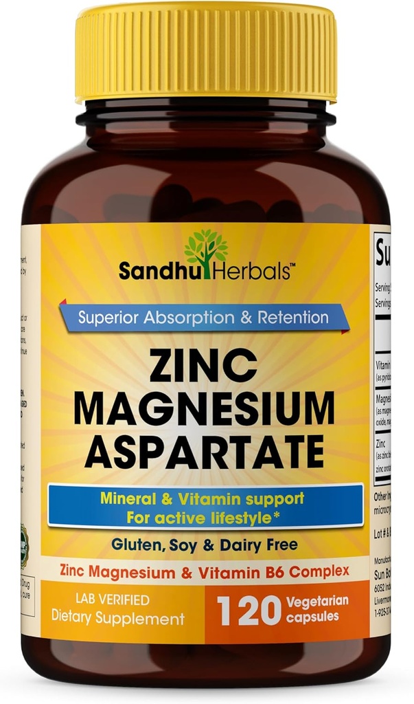 SANDHUHERBALS Zinc Magnesium Aspartate Supplement 120 Capsules| with Vitamin B6 & Zinc | High Absorption, Sleep and Immune Support | for Men & Women 2