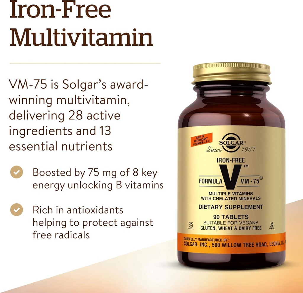Solgar Iron-Free Formula VM-75, 90 Tablets - Multivitamin with Chelated Minerals - Vitamin A, B6, B12, C, D, E - Biotin, Magnesium, Calcium, Zinc - Vegan, Gluten & Dairy Free, Kosher - 90 Servings 4