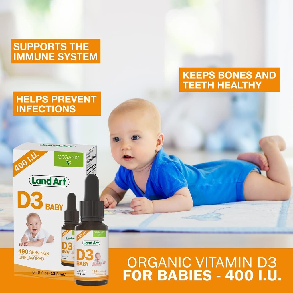 Land Art - Certified Organic Vitamin D3 Drops Baby – 400 IU per Drop – 490 Servings – Supports Bone & Teeth Development – Vitamin D Drops for Infants & Toddlers – GMO-Free - Gluten-Free – 0.45 fl oz 4