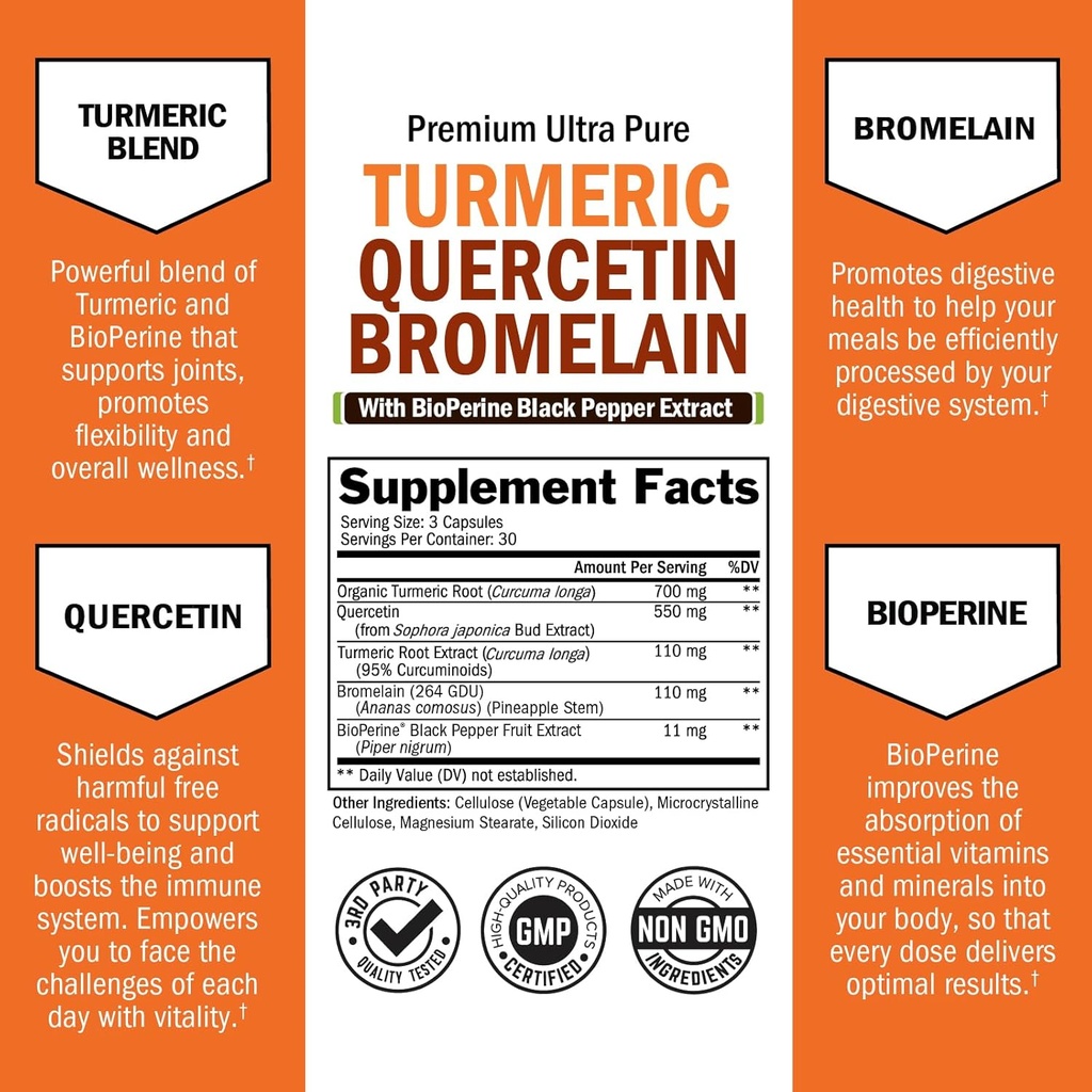 Turmeric Quercetin with Bromelain Supplement - Natural Extra Strength Immune and Joint Support with BioPerine Black Pepper for Max Absorption - Organic Tumeric Bromelain Supplement Vegan Safe, Non-GMO 3