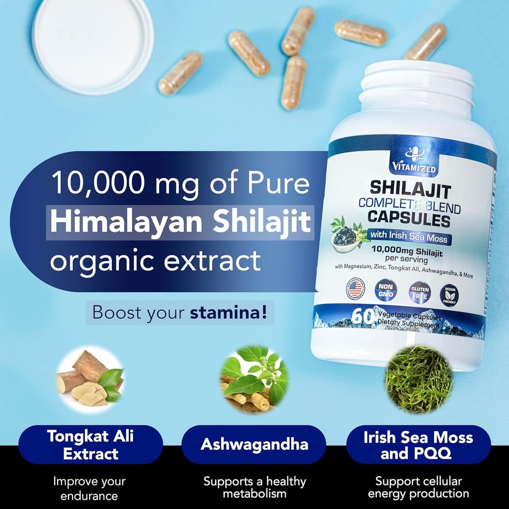 Pure Himalayan Shilajit for Men & Women - 10,000mg Shilajit Ashwagandha Supplements + Irish Sea Moss, Tongkat Ali, PQQ & More - 60 Capsules 5
