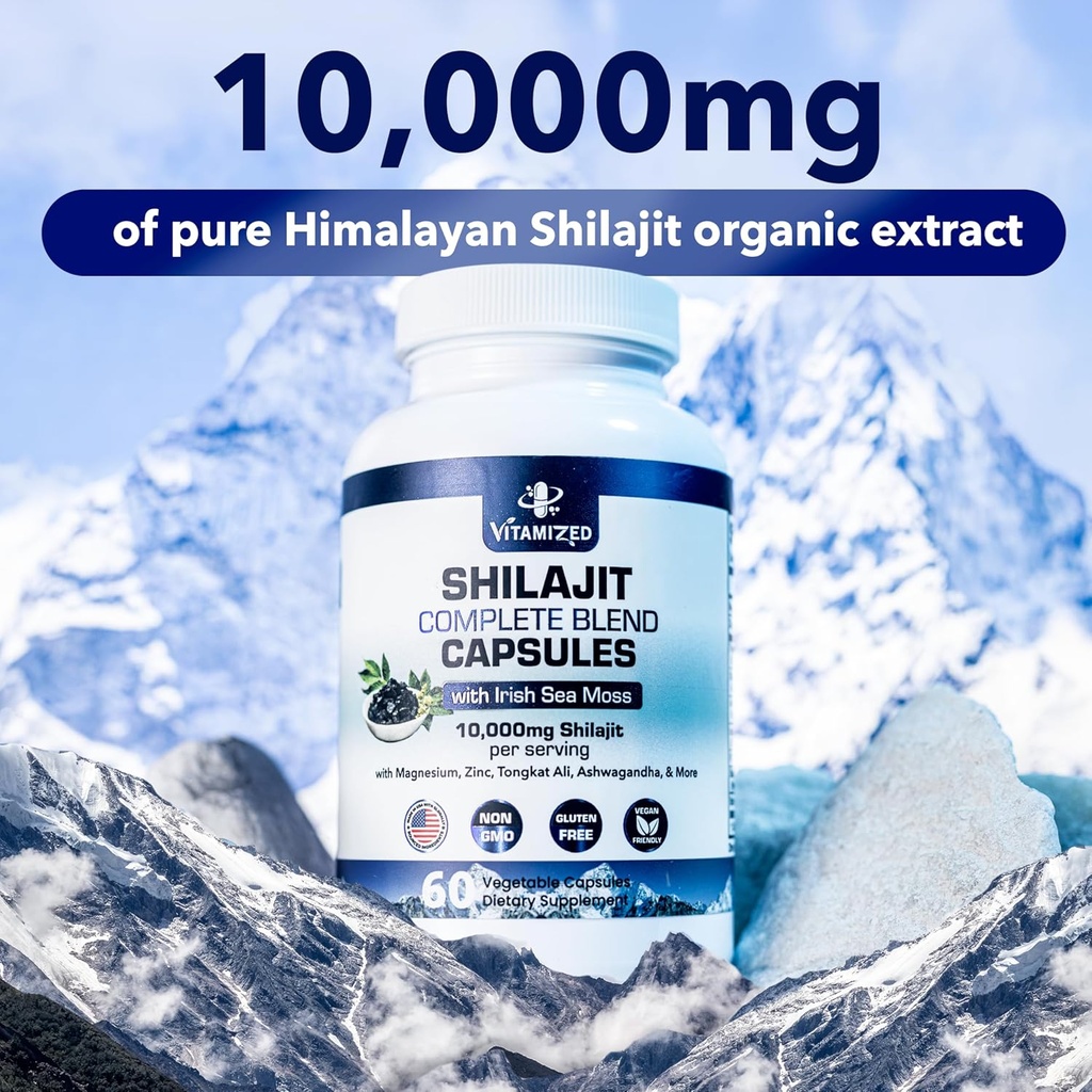 Pure Himalayan Shilajit for Men & Women - 10,000mg Shilajit Ashwagandha Supplements + Irish Sea Moss, Tongkat Ali, PQQ & More - 60 Capsules 6
