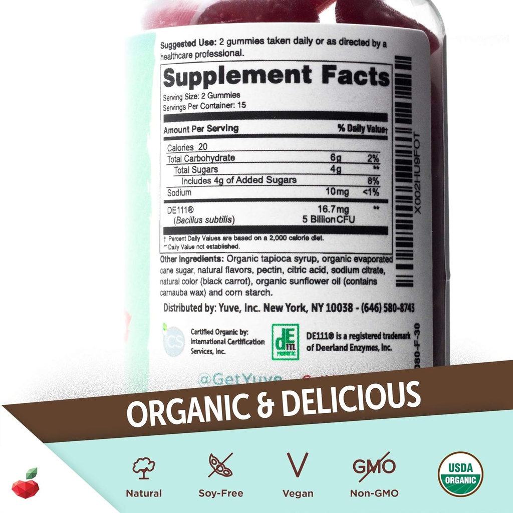 Yuve Vegan USDA Organic Probiotic Gummies - 5 Billion CFU - Promotes Digestive Health & Immunity - Helps with Constipation, Bloating, Detox, Leaky Gut & Gas Relief - Natural, Non-GMO, Gluten-Free 30ct 3