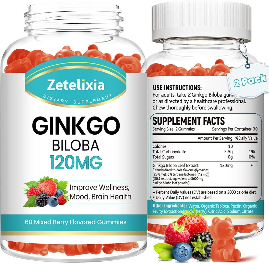 2 Pack Ginkgo Biloba Gummies for Women and Men, Brain Supplement Improve Better Mood and Focus, Vegan Mixed Berry Flavor 120 Count 2