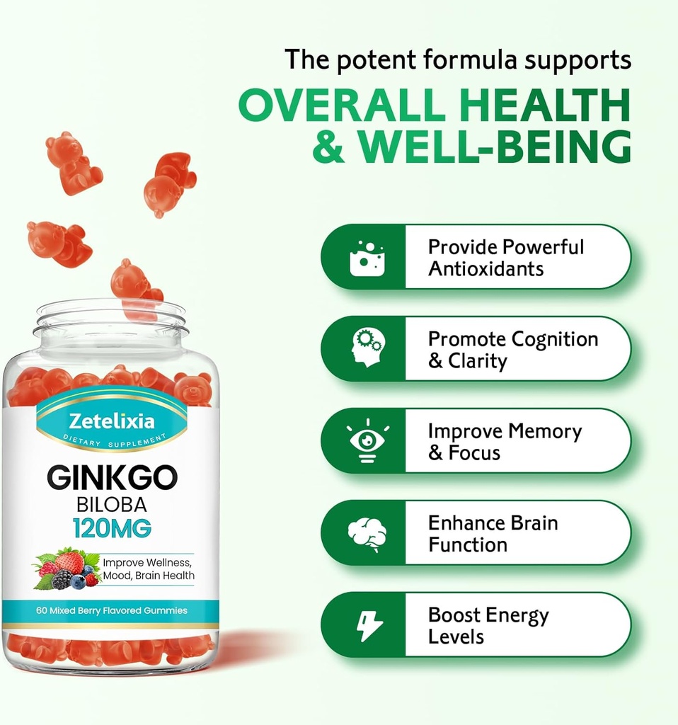 2 Pack Ginkgo Biloba Gummies for Women and Men, Brain Supplement Improve Better Mood and Focus, Vegan Mixed Berry Flavor 120 Count 4