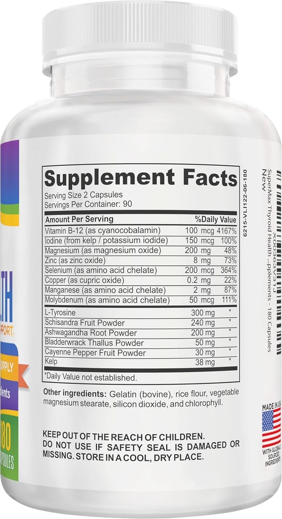 3-Month Thyroid Support Supplement (All-in-1) Formula with 14 Active Ingredients | Thyroid Supplements | Thyroid Health Complex | Thyroid Support for Women & Men | 90-Day Bulk Supply | 180 Capsules 3