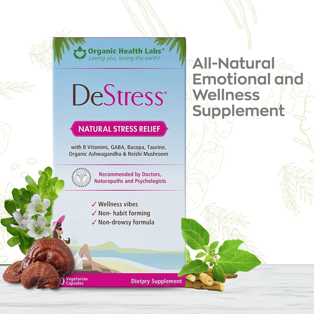 DeStress All-Natural: Veggie Capsules, with B Vitamins, Magnesium, Ashwagandha and L-Theanine Supplement, Anxiety Relief, 30 Veggie Capsules, Stress Relief Supplement Organic Health Labs 5