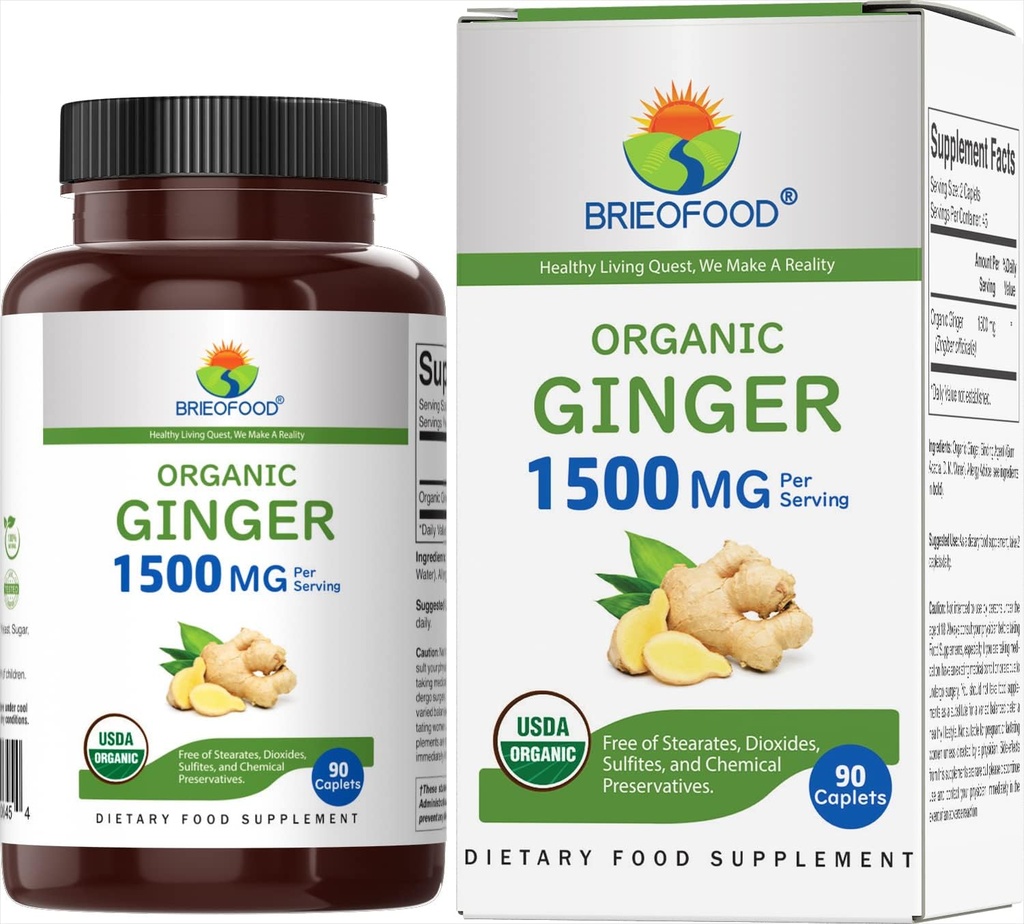 Brieofood Organic Ginger 1500mg, 45 Servings, Vegetarian, Gluten Free, 90 Vegetarian Tablets 2