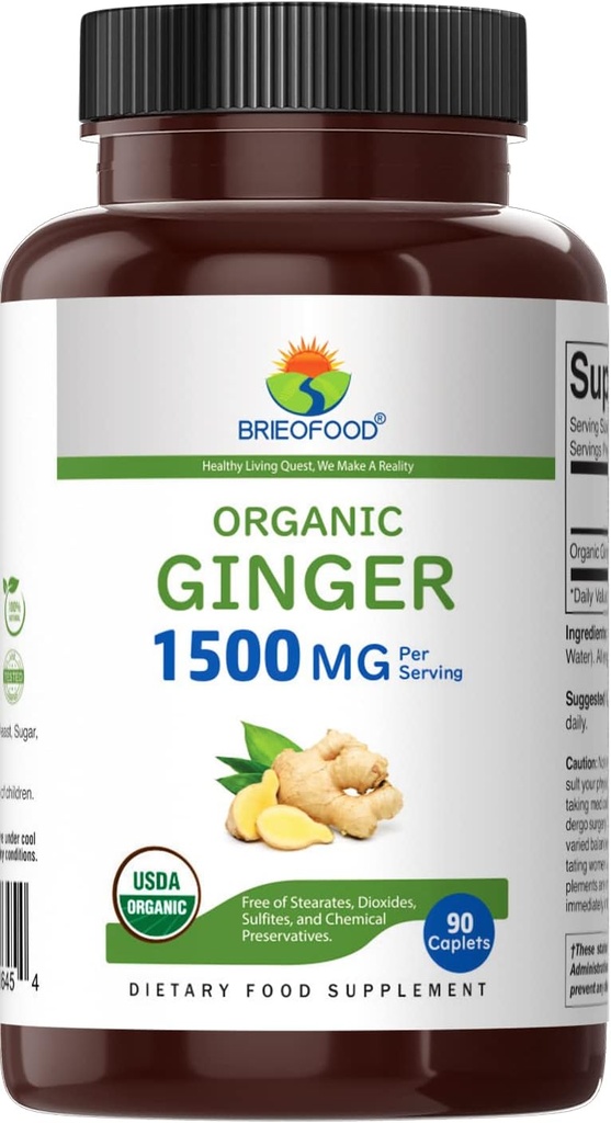 Brieofood Organic Ginger 1500mg, 45 Servings, Vegetarian, Gluten Free, 90 Vegetarian Tablets 3