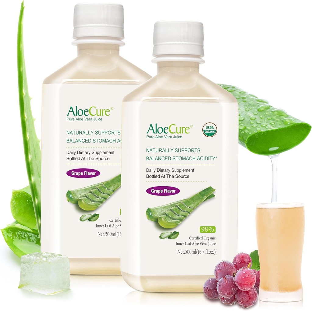 AloeCure USDA Organic Aloe Vera Juice Grape Flavor, Made Within 12 Hours of Harvest - Pure Aloe Vera Digestive & Immune Health Supplement, Helps Maintain Balanced Stomach Acidity, 16.7oz x 2 Btls 2