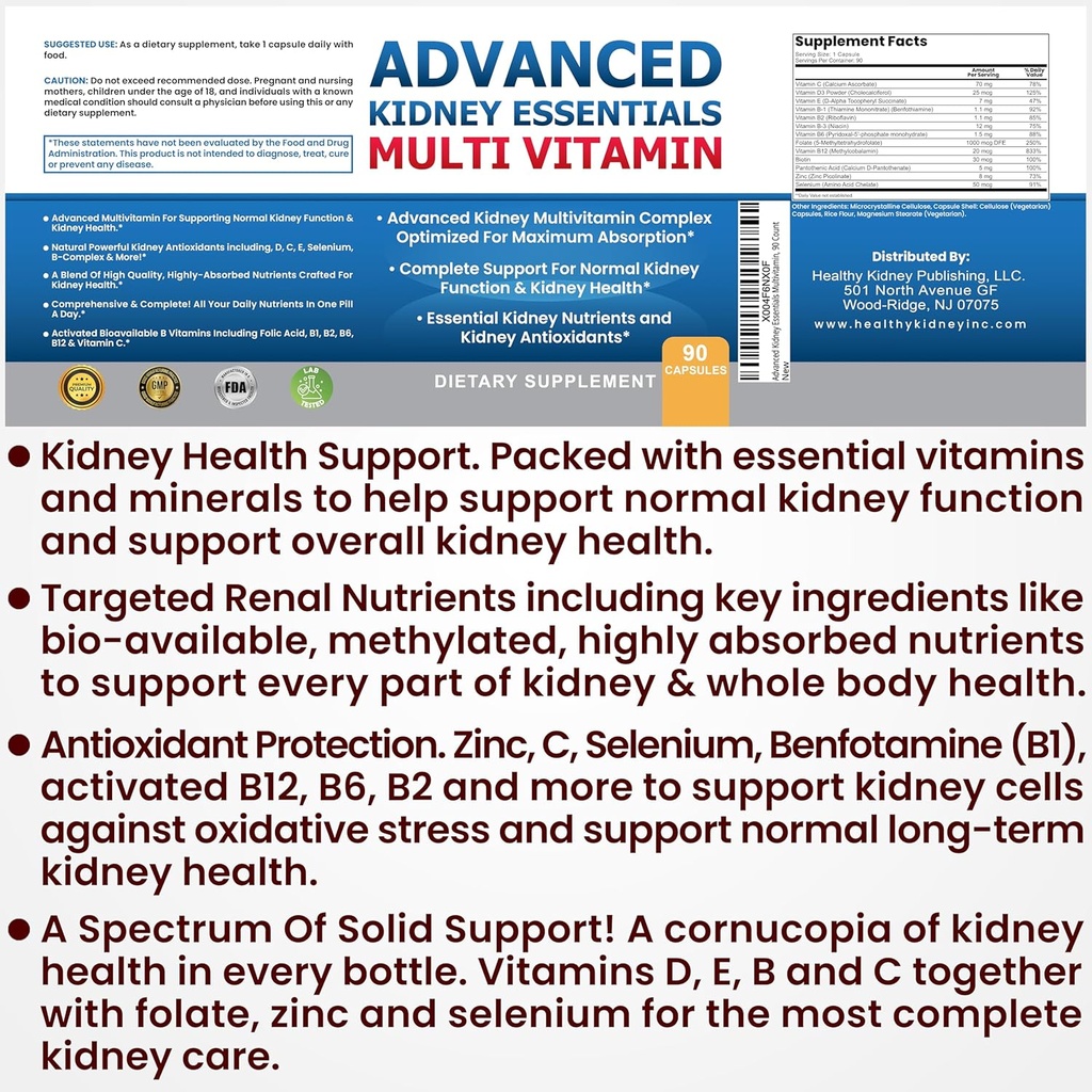 Advanced Kidney Essentials Multivitamin. Kidney Support Supplement for Complete Kidney Health. Kidney Health Supplement with Renal Vitamins 90 Caps 5