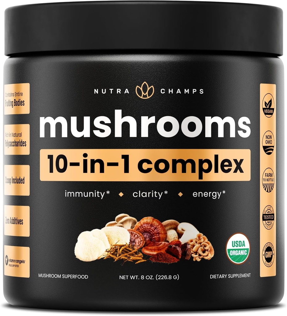 NutraChamps Organic Mushroom Powder - 10-in-1 Complex - Mushroom Supplement Powder Blend for Memory, Focus & Immune Support - 8oz (8.0 OZ, Mushroom Blend) 2