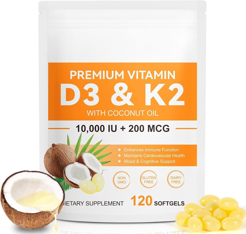 120 Softgels Vitamin D3 K2 10000IU 200MCG - Coconut Oil - Support Immune, Heart Health - Maintains Cardiovascular Health - Superior Absorption- Easy to Swallow 2