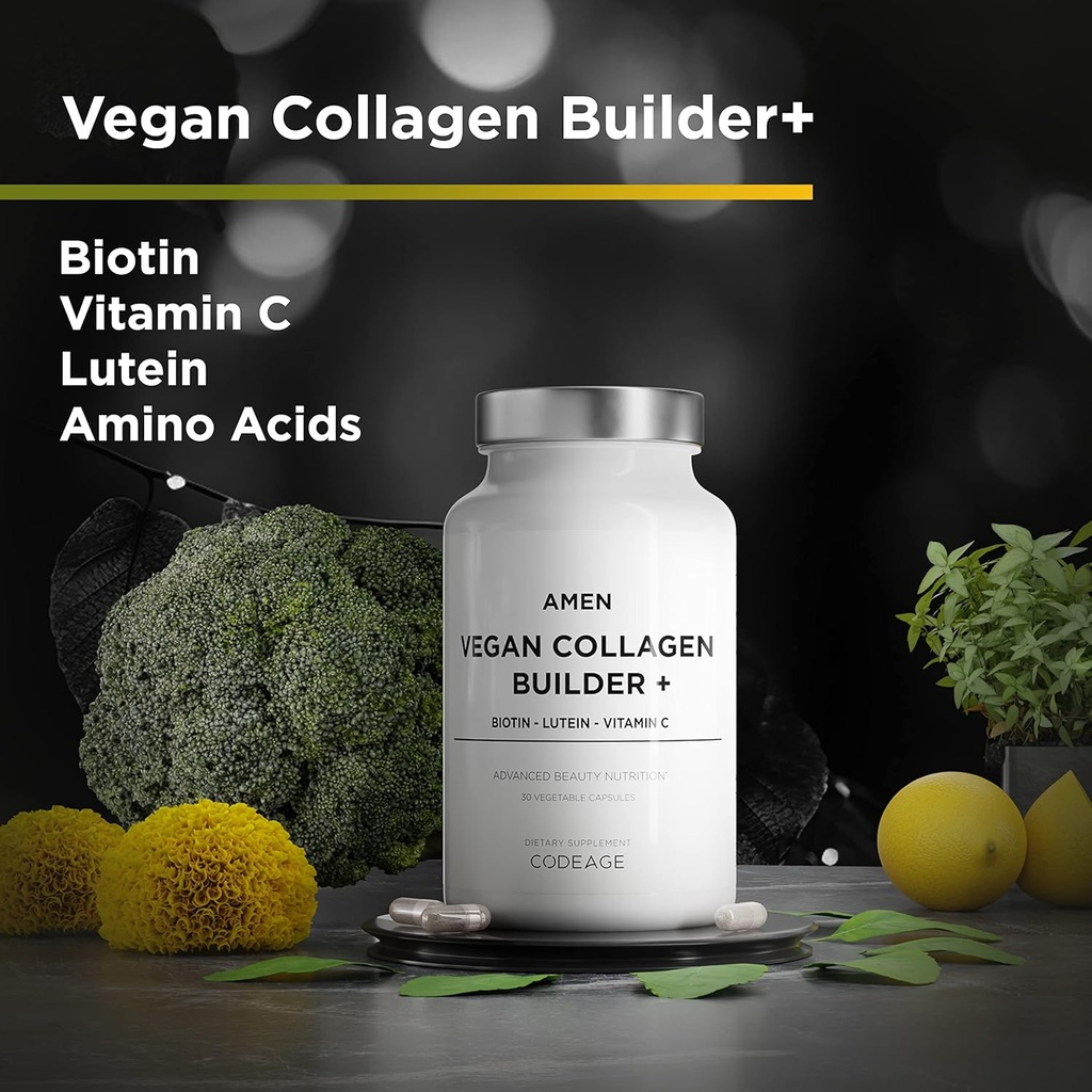Amen Plant-Based Vegan Collagen Builder Supplement - Organic Whole Foods, Lutein, Vitamin C, Biotin, Lysine, Proline Collagen Boosters - Organic Cranberry, Lemon, Strawberry - Once A Day - 30 Capsules 4