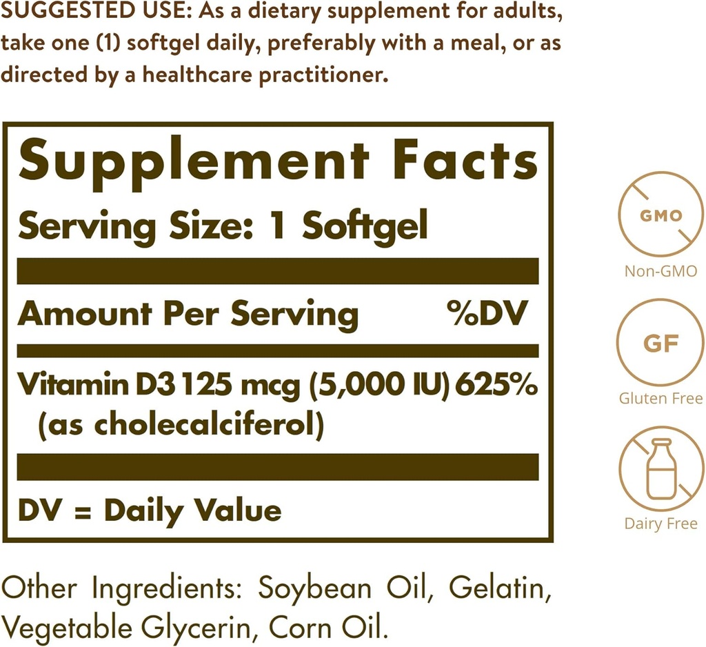 Solgar Vitamin D3 (Cholecalciferol) 125 MCG (5000 IU), 100 Softgels - Helps Maintain Healthy Bones & Teeth - Immune System Support - Non GMO, Gluten-Free, Dairy Free - 100 Servings 3