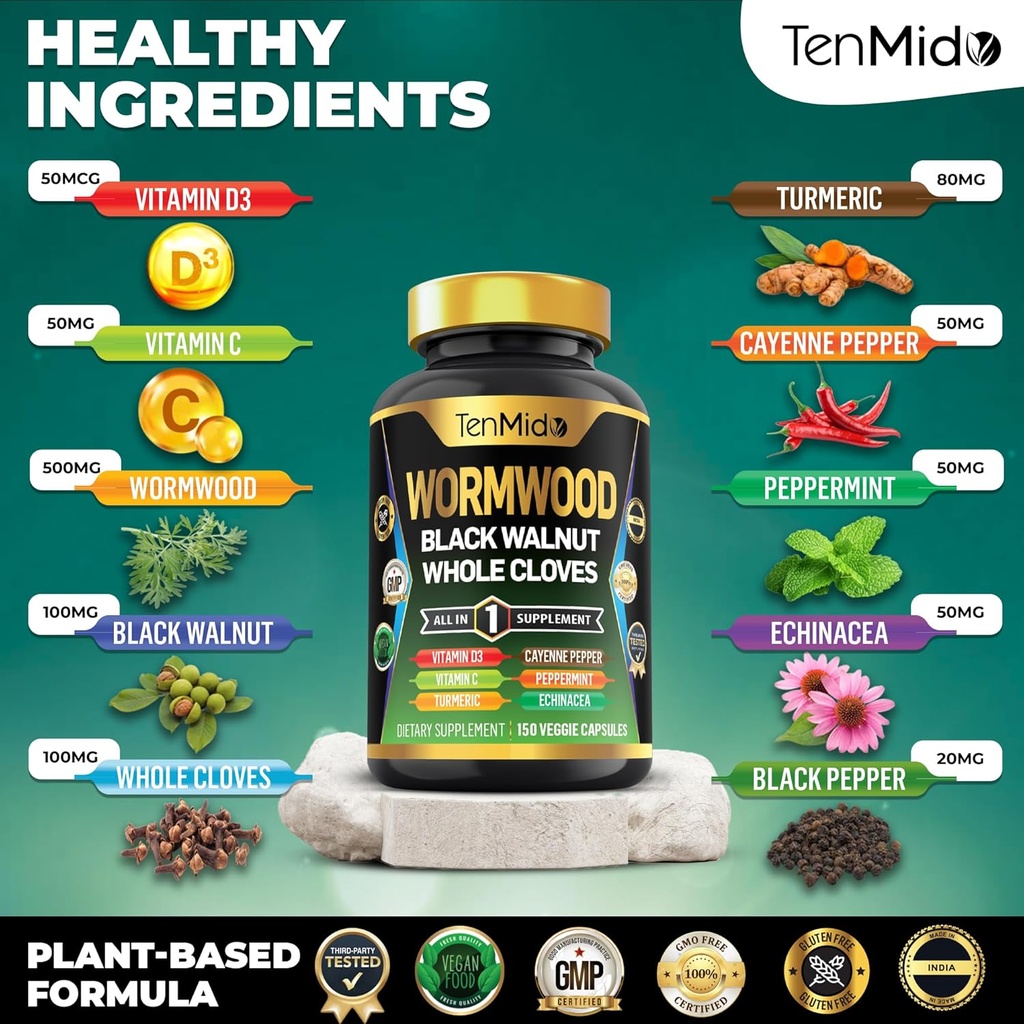 Wormwood Capsules Supplement for Men and Women, 10in1 Formula with Black Walnut, Whole Cloves, Turmeric, Cayenne Pepper & More - Digestive, Immune Support - Nutrient Rich - 150 Capsules 4