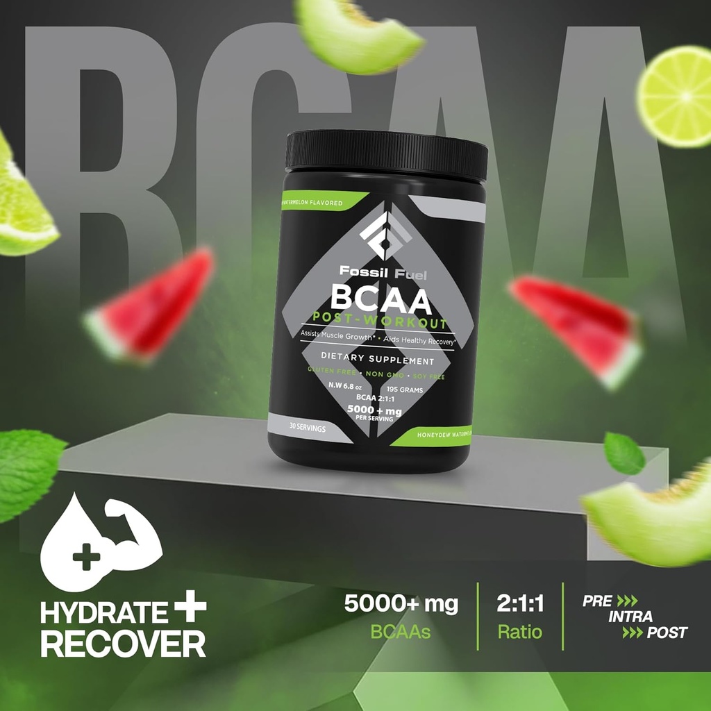 Fossil Fuel BCAA Sugar-Free Post-Workout Powder with BCAA’s, Glutamine, Vitamin B6 After Workout, Amino Acids for Muscle Recovery, Endurance and Hydration, Honeydew Watermelon (30 Servings) 6