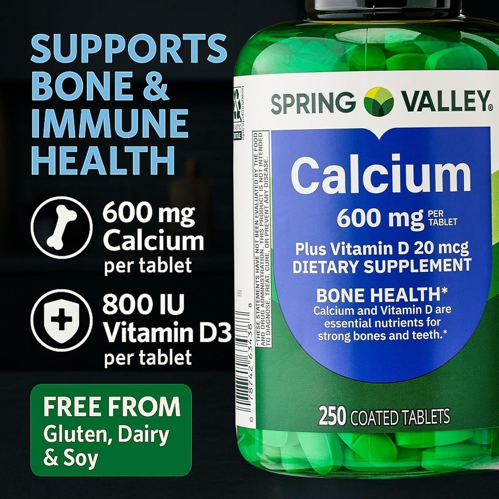 Spring Valley Calcium 600 mg Plus Vitamin D3, 250 Coated Tablets. Bone Health Support Supplement. 800 IU Vitamin D per Tablet Bundle with 45 Diabetes Decoded 6