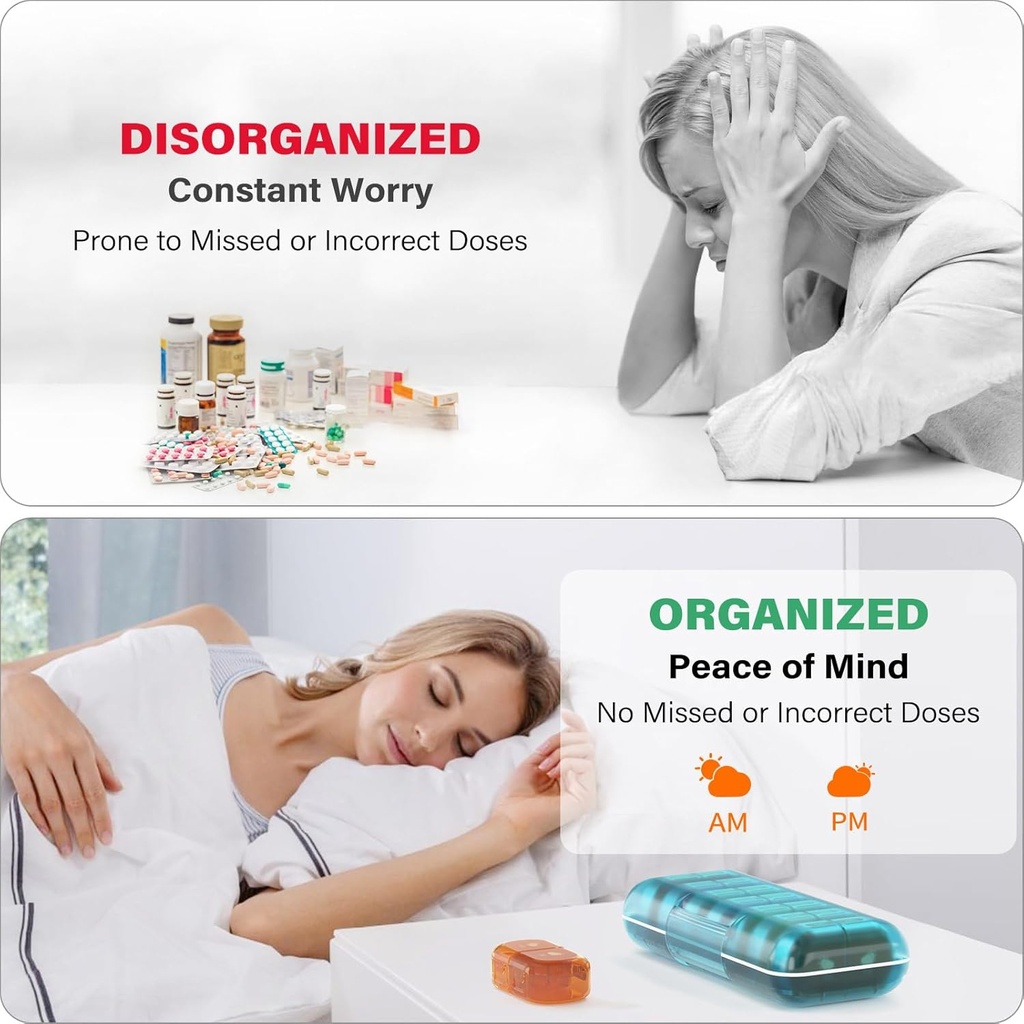 Weekly Pill Organizer 2 Times a Day, Moisture-Proof, Detachable Compartments, AM PM Pill Box 2X 7 Day, Travel Pill Organizer for Pills/Fish Oil/Medication/Vitamin/Supplements (Blue + Colorful) 5