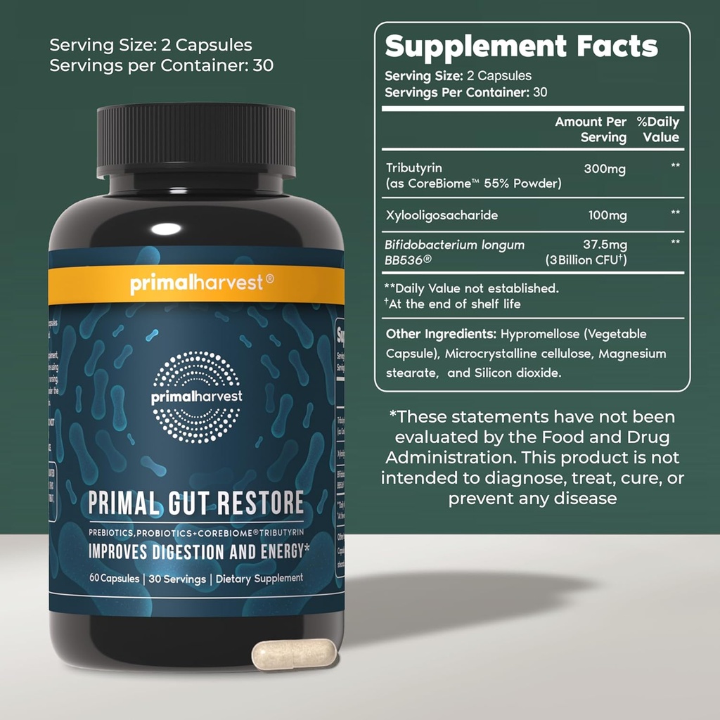 Primal Harvest Probiotics & Gut Health Supplements for Women and Men Pre and Probiotics with 31 Billion CFU and Gut Restore Digestion Pills Bundle 4