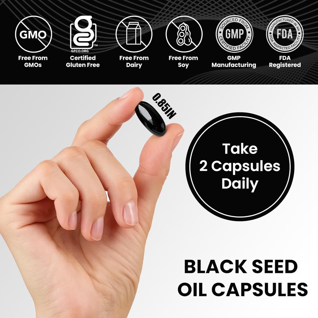 Pure Organic Cold-Pressed Black Seed Oil Capsules - Vegan Non-GMO Pure Nigella Sativa Black Cumin Seed Oil for Beauty Immunity & Overall Wellness Support - Thymoquinone-Rich 1000mg Serving (60 Day) 4