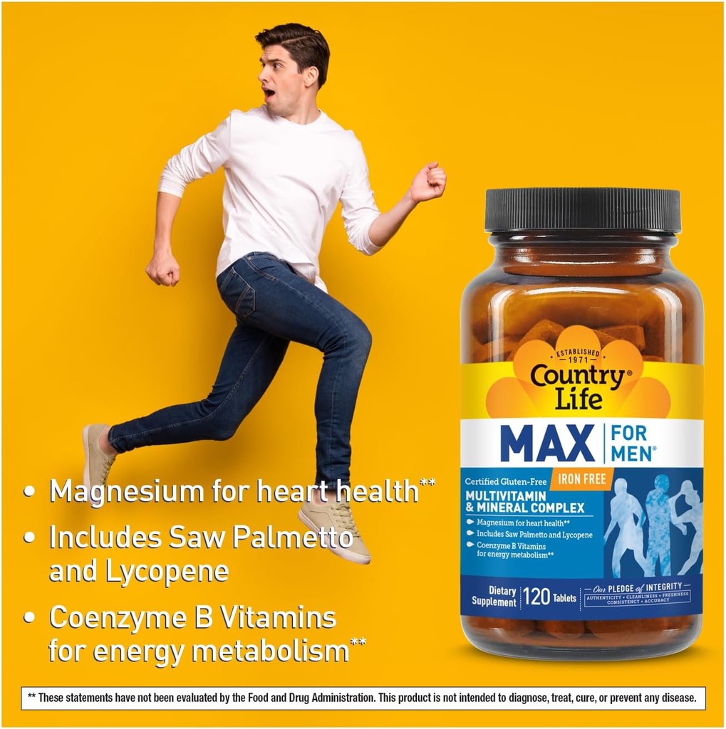 Country Life Max for Men Multivitamin: Iron-Free, Gluten Free, Saw Palmetto, Lycopene, Daily Support for Energy, Heart & Men's Health,120 Vegetarian Tablets 6