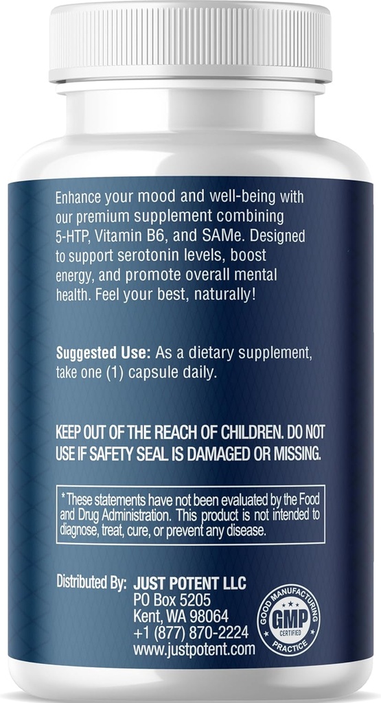 Just Potent 5-HTP Ultra 200mg | 120 Capsules - 4-Month Supply | for Sleep, Mood, and Brain Health | Fortified with SAM-e and Vitamin B6 4