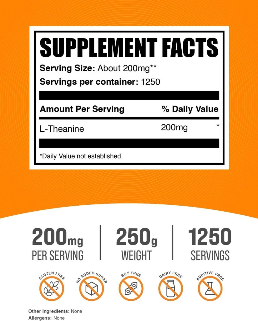 BulkSupplements.com L-Theanine Powder - L-Theanine Supplement, L-Theanine 200mg - Amino Amino Supplement, Pure & Gluten Free, 200mg per Serving, 250g (8.8 oz) (Pack of 1) 3