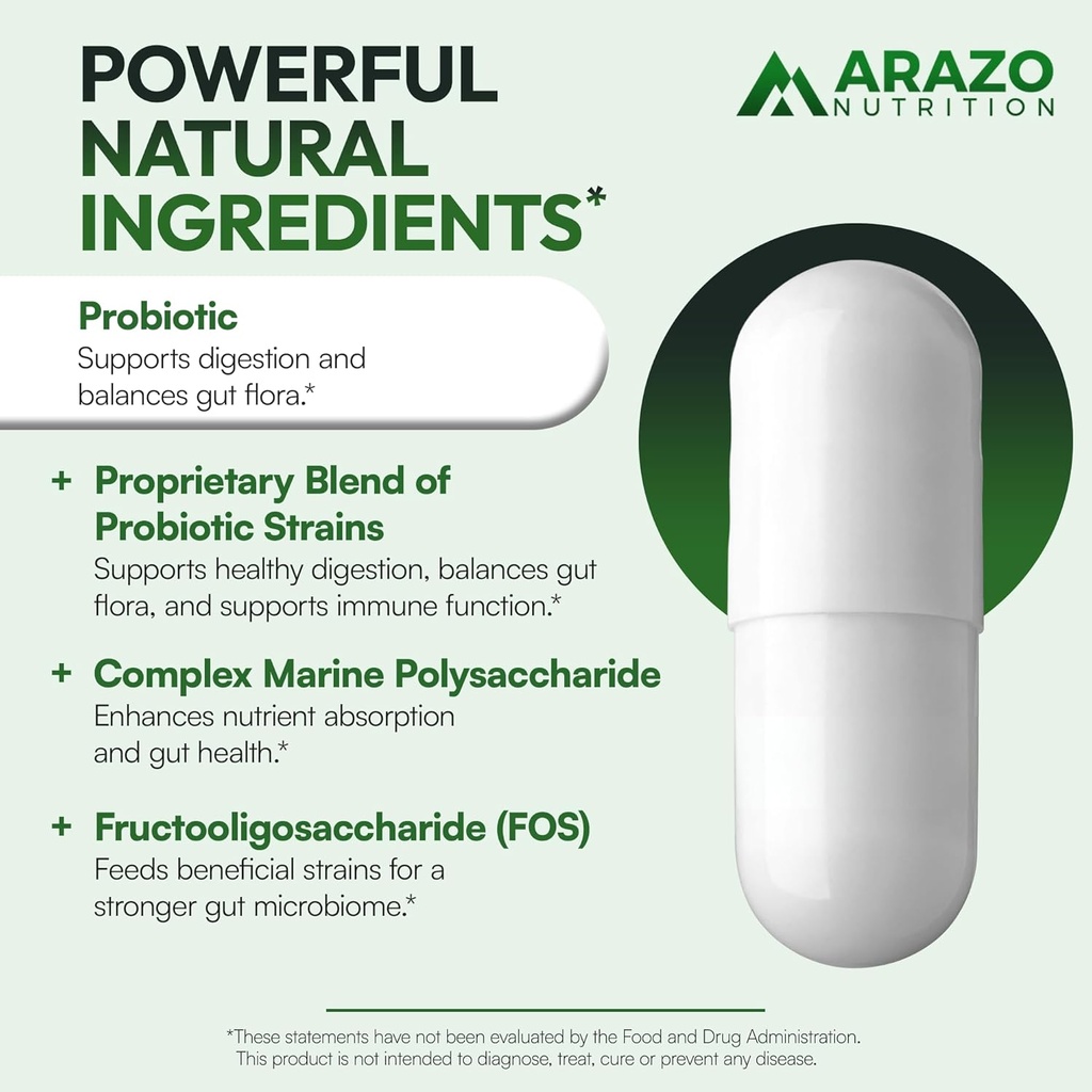 Arazo Nutrition Probiotic 40 Billion CFU - Shelf Stable with Prebiotics and Acidophilus - Stable Potency Until Expiration – Time Delay Release Probiotics 6