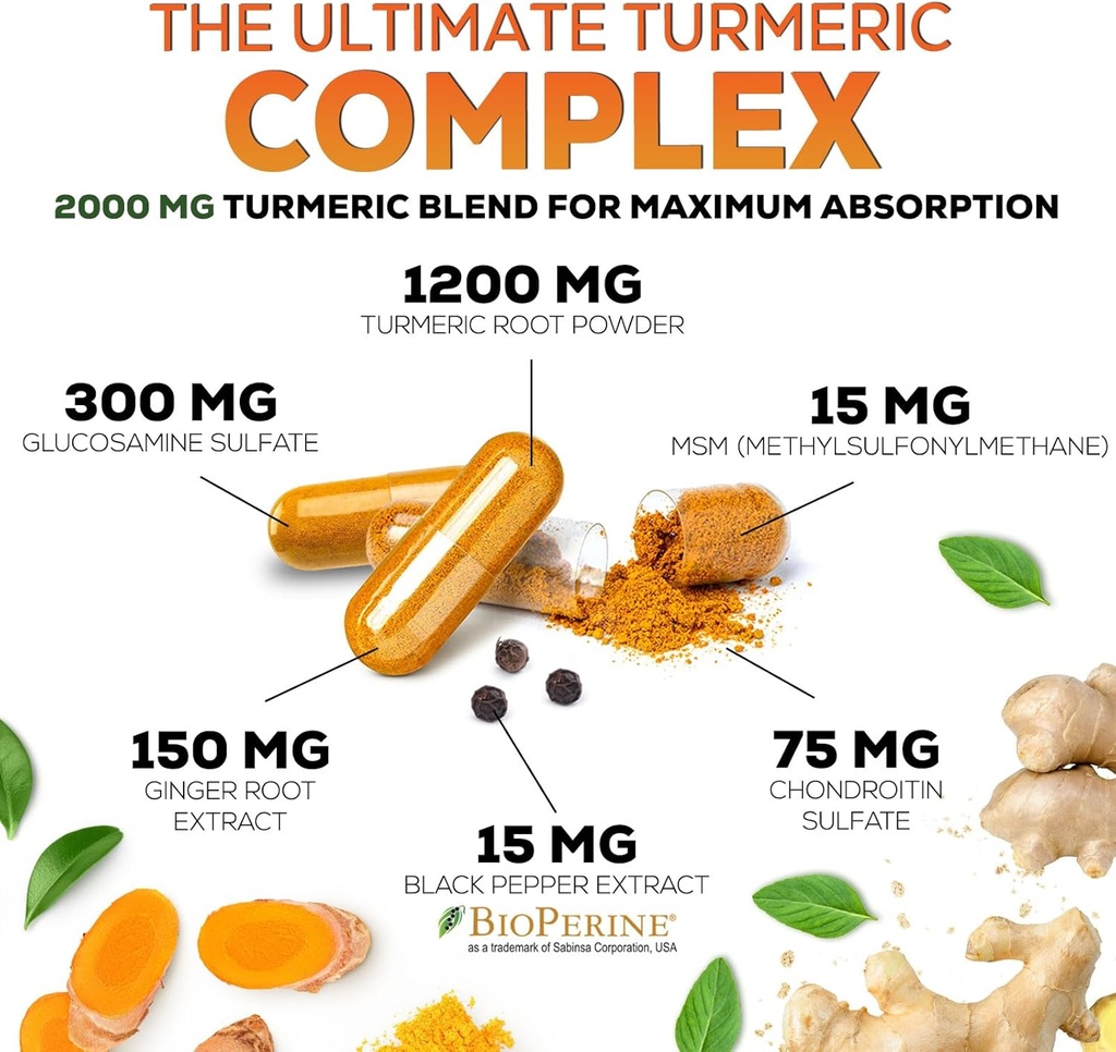 Turmeric Curcumin Supplement 2000mg - 95% Curcuminoids with Glucosamine, Ginger & MSM, BioPerine Black Pepper for Best Absorption, Nature's Vegan Joint Support, Non-GMO, Bottled in USA - 180 Capsules 4