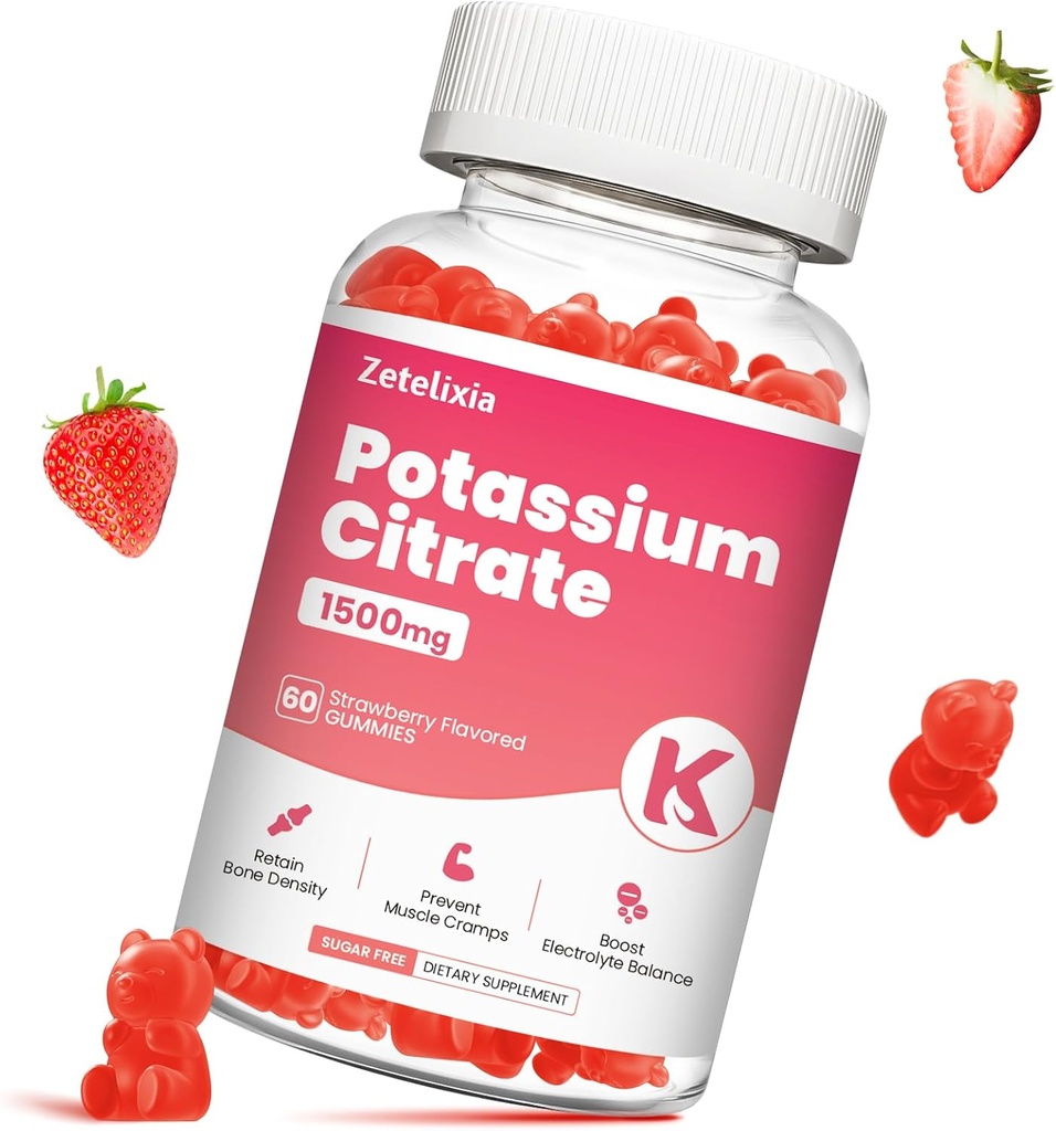 Potassium Gummies for Adults Women & Men, Potassium Citrate Supplement, Support Leg Cramps, Muscle Health & Electrolyte Balance, Sugar Free, Organic, Vegan, Strawberry, 60 Cts 2
