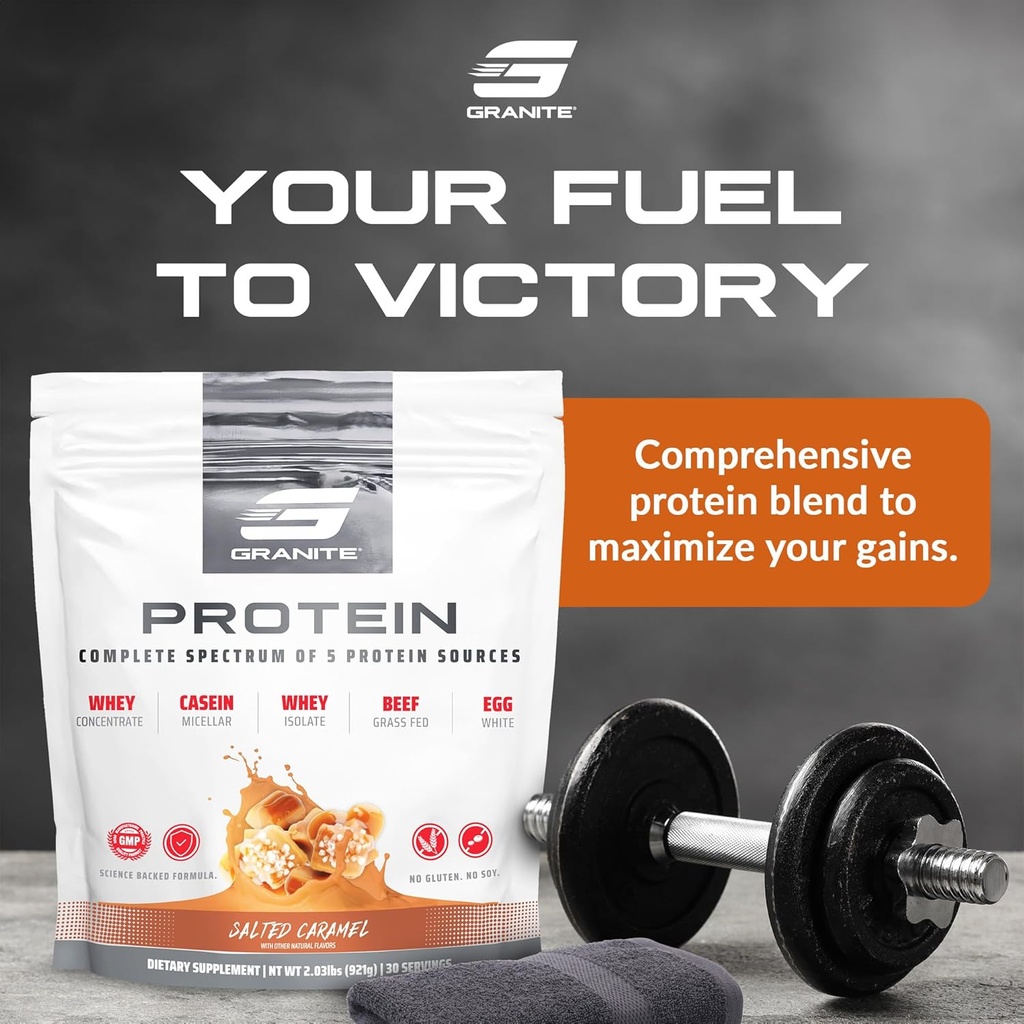 Granite Nutrition Protein Powder - Premium 5-Source Blend (Whey, Casein, Egg, Grass-Fed Beef) for Lean Muscle and Recovery - Salted Caramel Flavor, 30 Servings 3