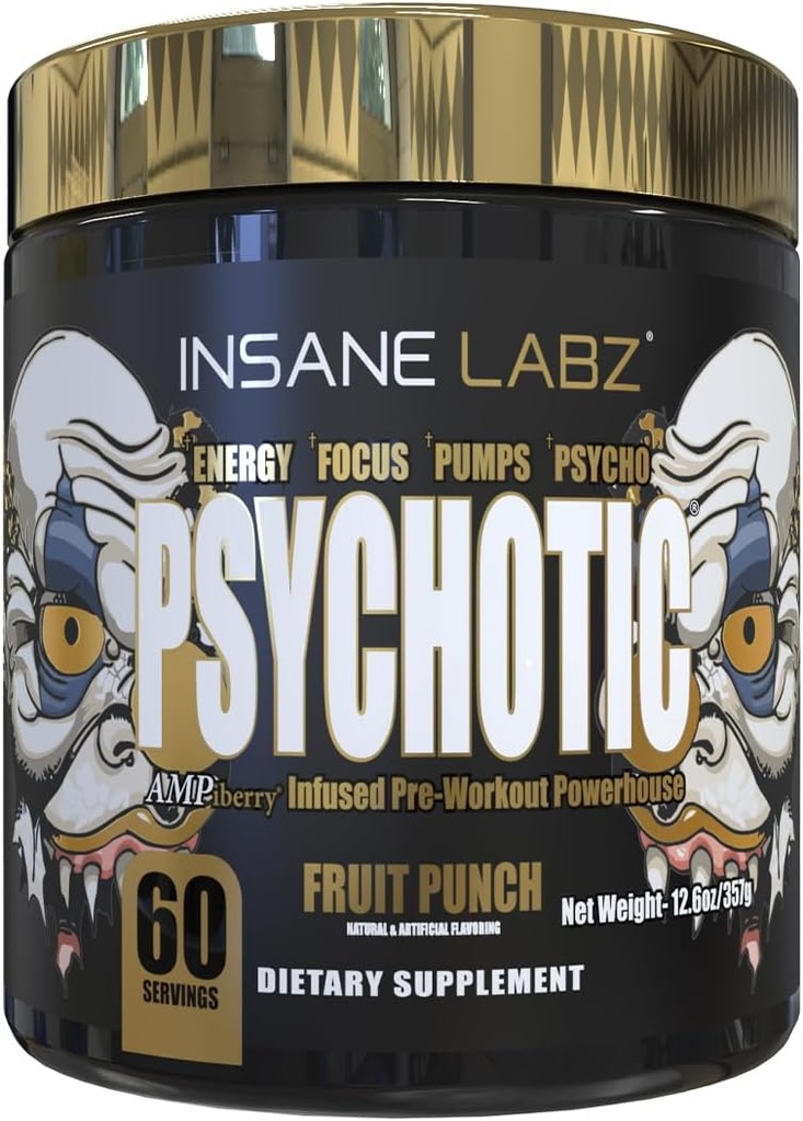 Insane Labz Psychotic Gold, High Stimulant Pre Workout Powder, Extreme Lasting Energy, Pumps and Endurance with Beta Alanine, DMAE Bitartrate, NO Booster (60 Servings, Fruit Punch) 2