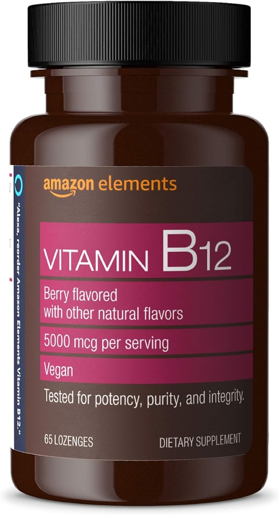 Elements Vitamin B12 Methylcobalamin 5000 mcg - Normal Energy Production and Metabolism, Immune System Support - 2 Month Supply, Berry Flavored Lozenges, 65 Count (Pack of 1) 2