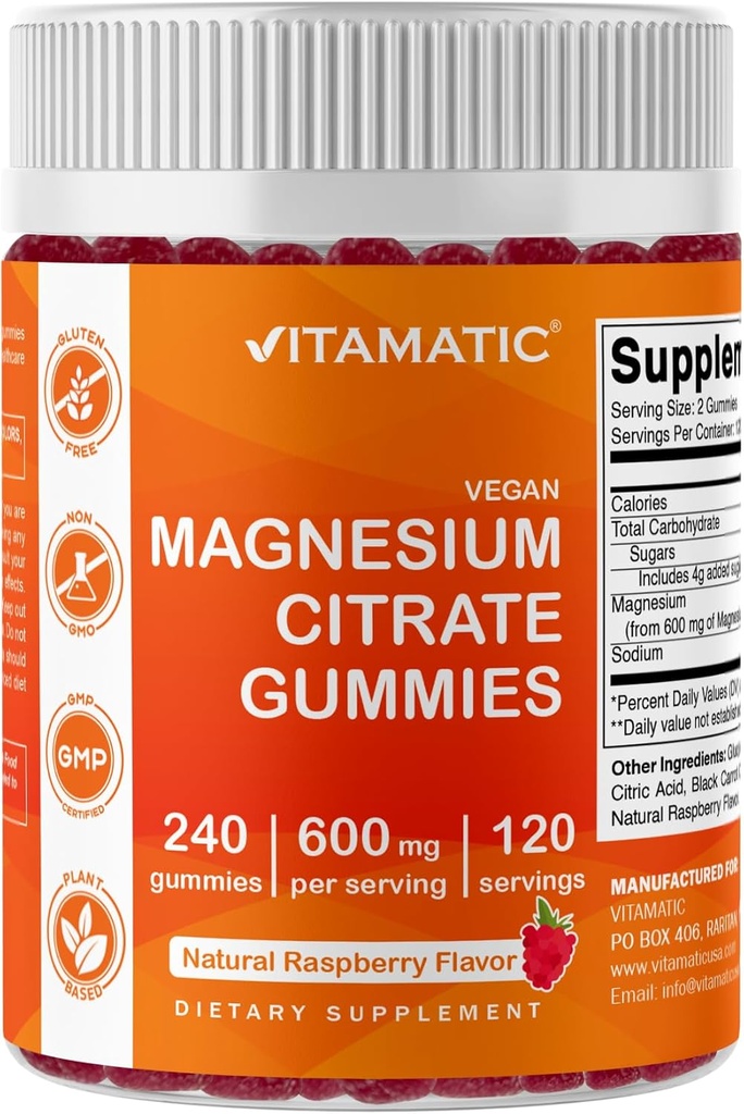 Vitamatic Magnesium Citrate Gummies 600mg per Serving - 240 Vegan Gummies - Natural Raspberry Flavor - High Absorption Magnesium Supplement - Supports Nerve, Bone and Muscle Health 2