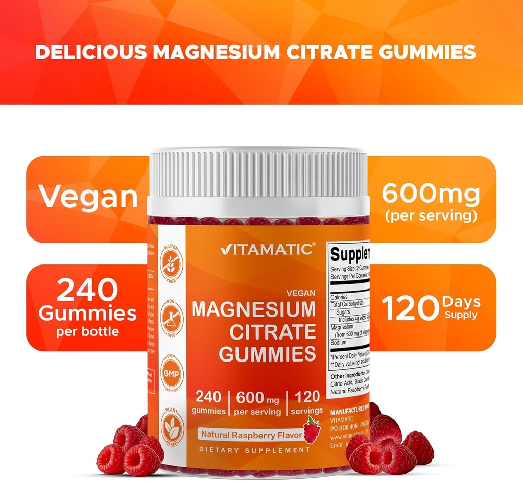 Vitamatic Magnesium Citrate Gummies 600mg per Serving - 240 Vegan Gummies - Natural Raspberry Flavor - High Absorption Magnesium Supplement - Supports Nerve, Bone and Muscle Health 5