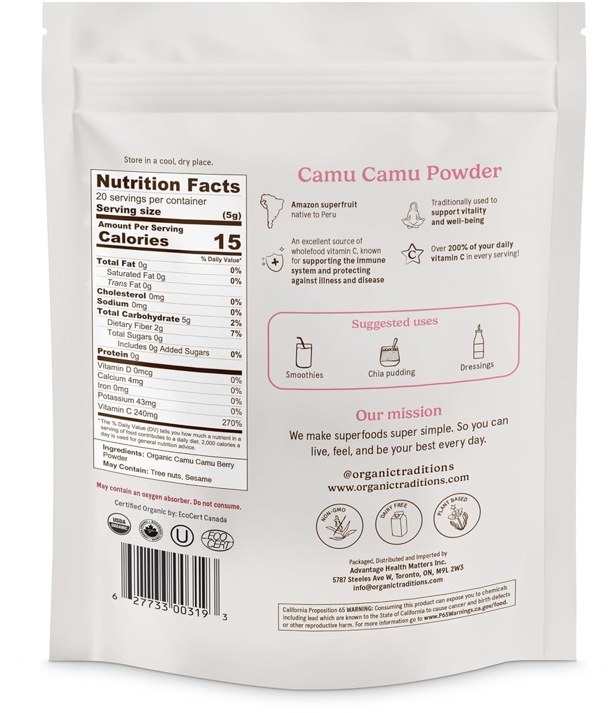 Organic Traditions Camu Camu Berry Powder Organic Superfood Great for Smoothies and More,100g/3.5oz Bag 3