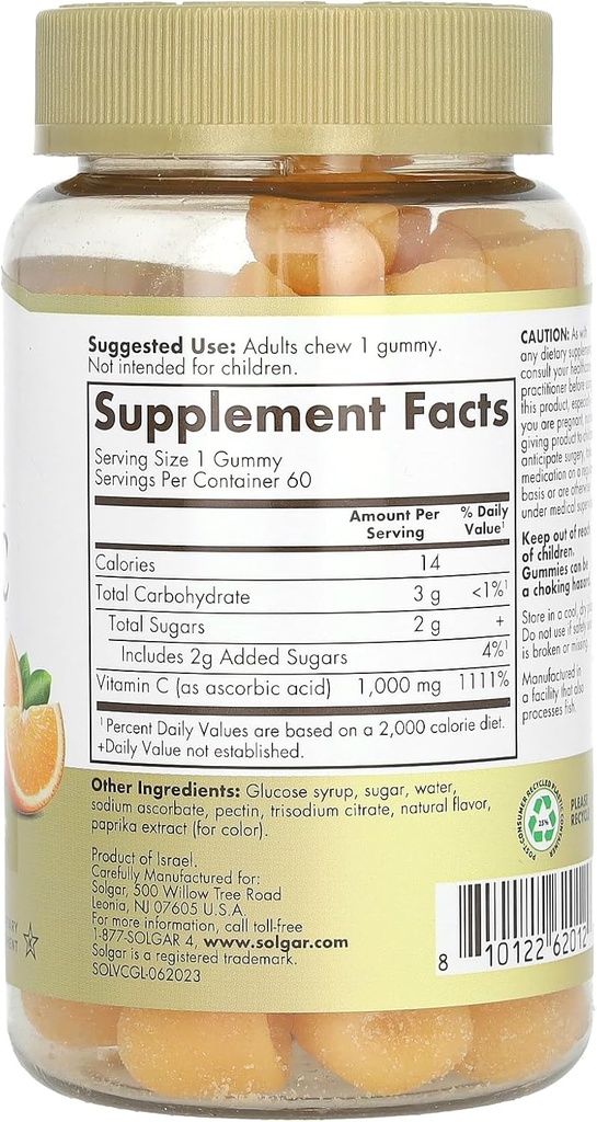Solgar Vitamin C Gummies for Adults 1,000mg Ultra Potency Vitamin C Immune System Support for Women & Men - Tasty Tart Orange Flavor, Vegan & Gluten-Free Gummy, 2 Month Supply, 60 Servings, 2g Sugar 3