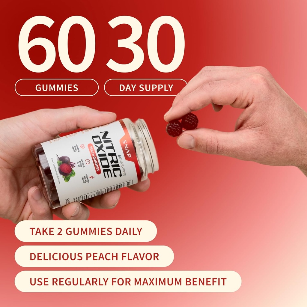 Snap Supplements Beet Root Gummies, Nitric Oxide Supplement with Organic Beets, Vitamins, Pomegranate and Antioxidants for Energy, Circulation Support, 60 Sugar Free Gummies, Peach 6