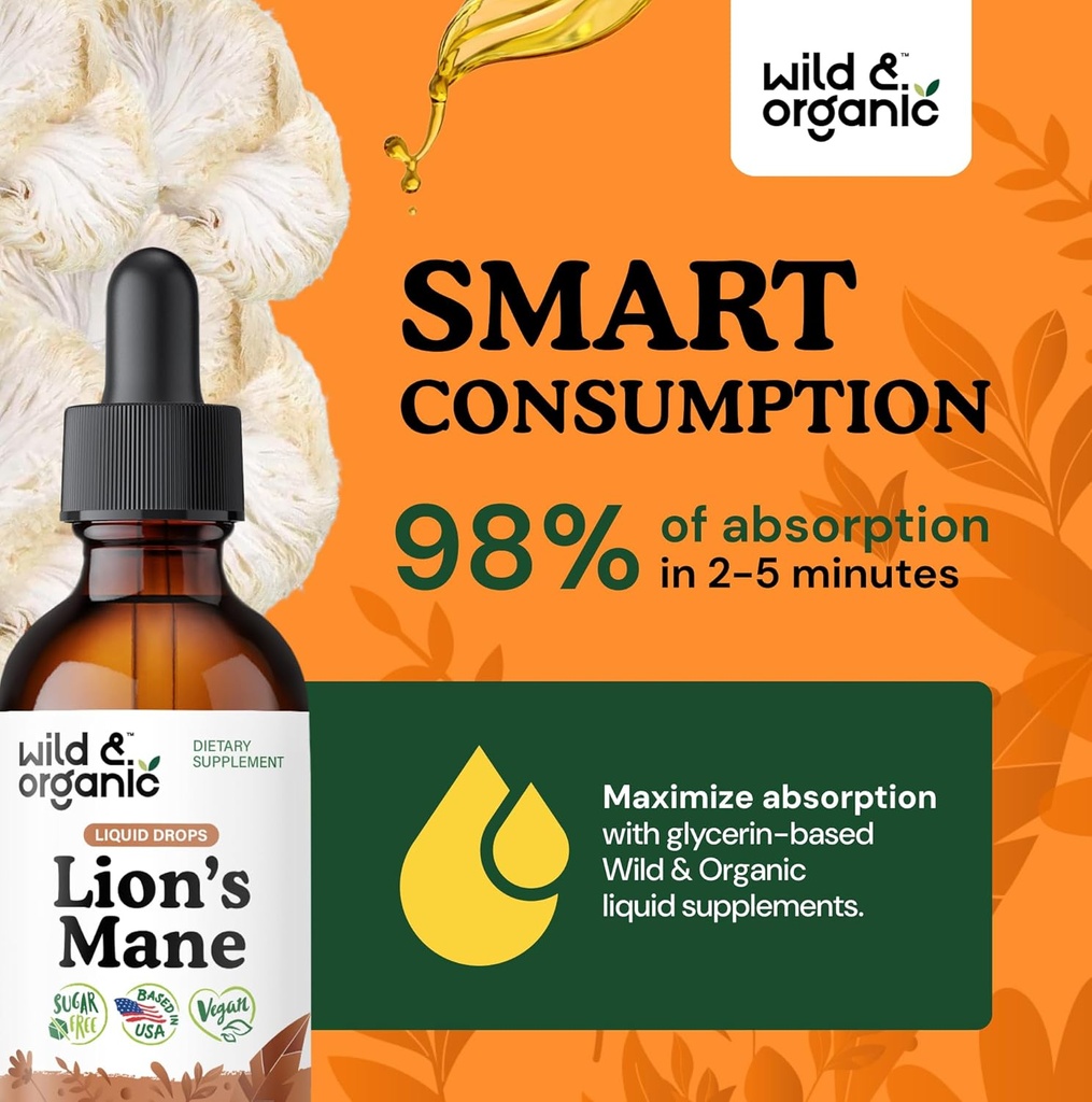 Wild & Organic Lions Mane Liquid Drops - Focus & Brain Support - Lions Mane Supplement - Hericium Erinaceus Mushroom Extract Tincture - Vegan, Alcohol & Sugar-Free - 2 fl oz 5