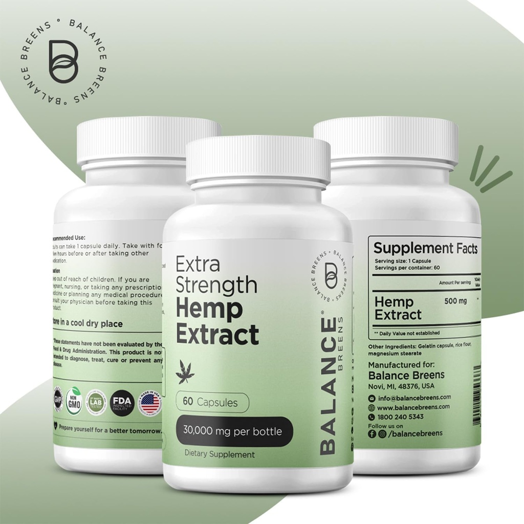 Balance Breens Hemp Extract Capsules 30,000 mg per Bottle - Natural Dietary Supplement Supports Brain Functions, Immune Support - Rich in Omega 3-6-9 Fatty Acids (60 Count (Pack of 1)) 4