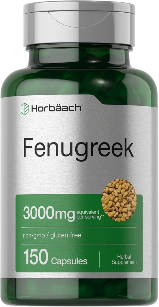 Horbäach Fenugreek Capsules 3000 mg | 150 Count | Non-GMO & Gluten Free Extract | Fenugreek Seeds 2