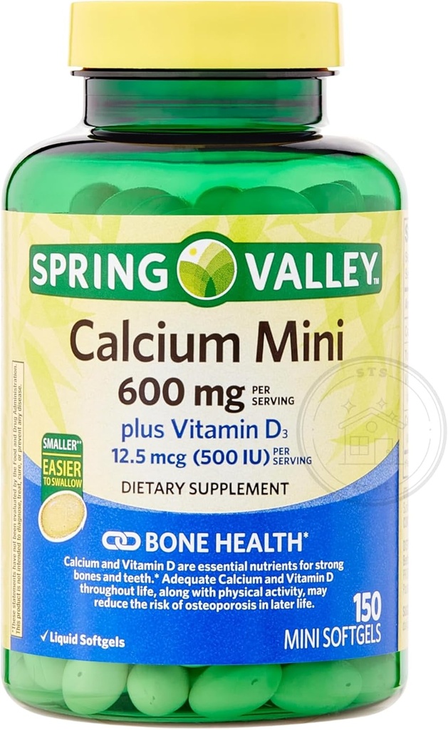 Spring Valley Calcium Plus Vitamin D3 150 Mini Softgels | Calcium Supplement | CaIcium mini softgels | CaIcium 600 mg with Vitamin d3 | 150 Mini Softgels + STS Sticker 5