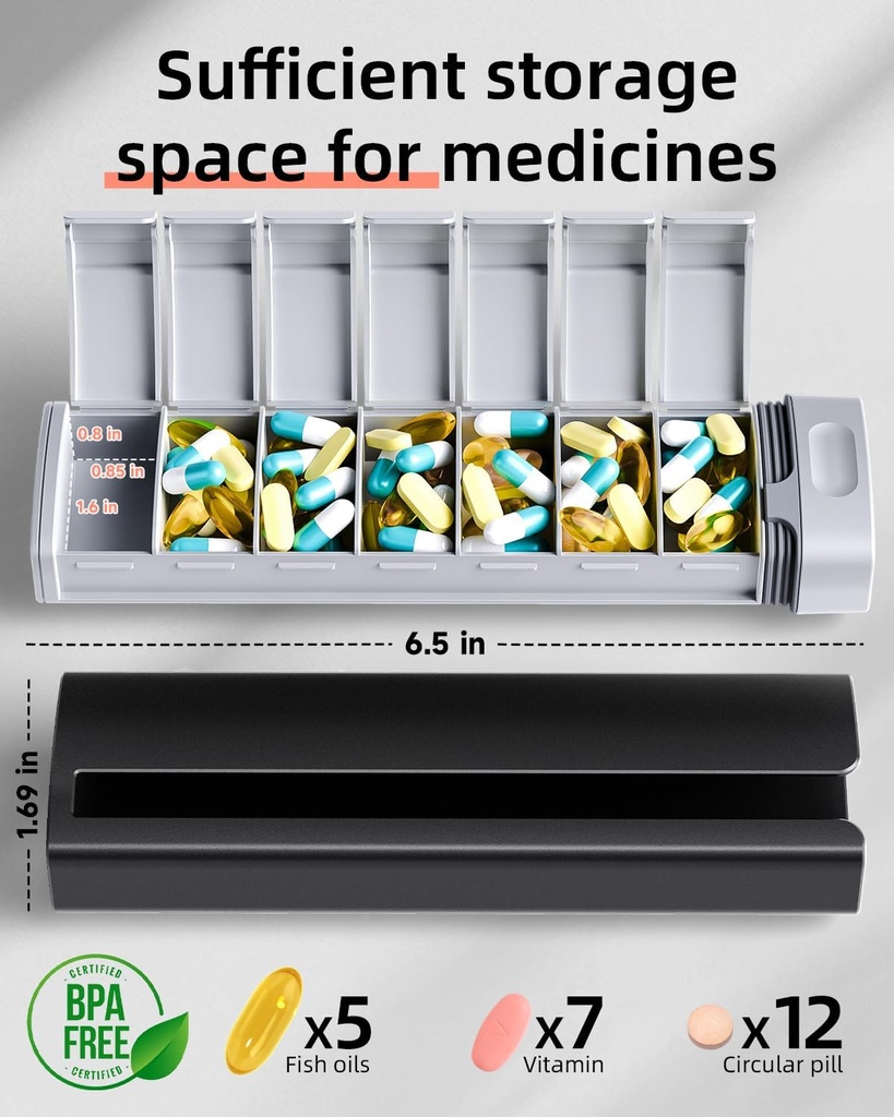 Travel Pill Organizer Weekly, 1 Time a Day ，Upgrade Premium Aluminum Alloy Daily Pill Box 7 Day, Portable Metal Pill Case, Cute Pill Holder to Hold Vitamins, Medicines, Pills, Supplements (Black) 3