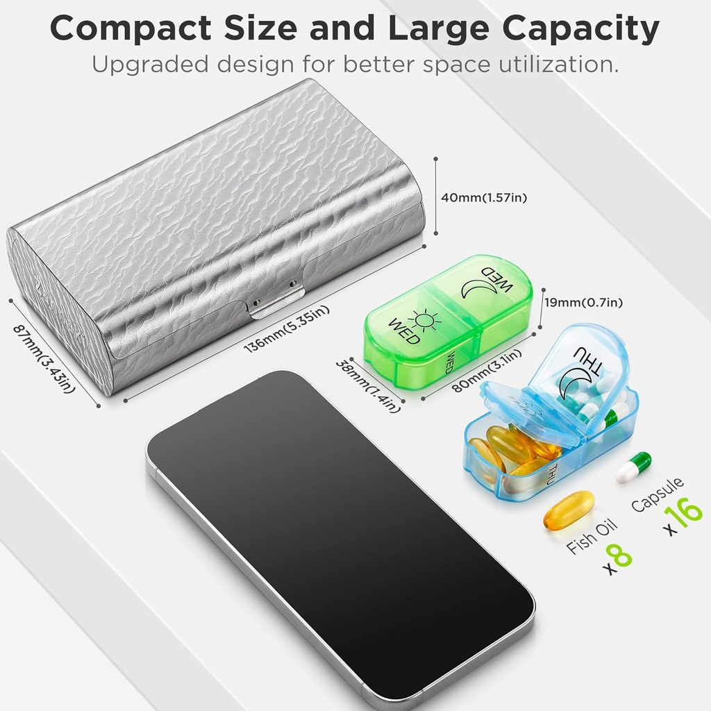 Zannaki Metal XL Weekly Pill Organizer 2 Times a Day, Large Travel Daily Pill Box 7 Day, Portable Week Twice Pill Holder Container, AM PM Pill Case for Medicine Vitamin Medication Supplement, Silver 3