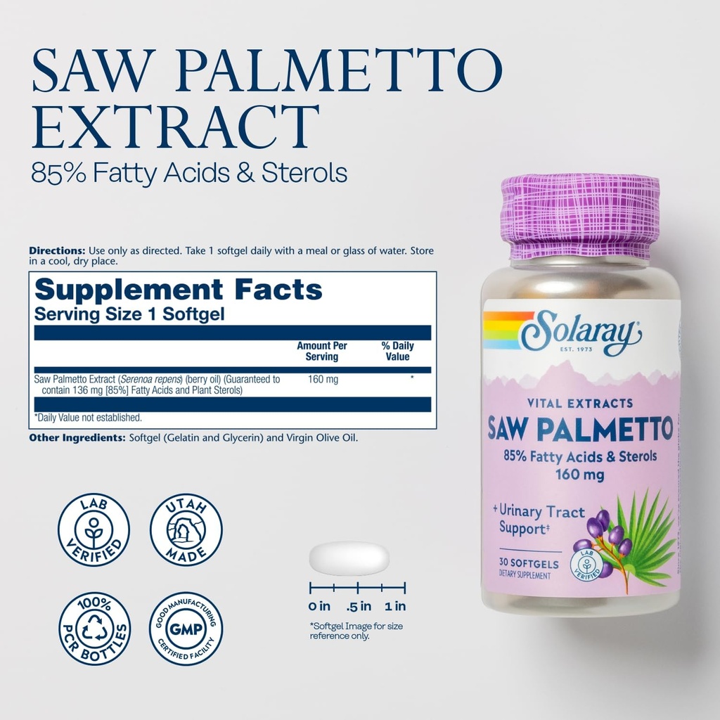 SOLARAY Saw Palmetto Extract - Prostate Health and Urinary Tract Support - 136 mg Fatty Acids and Sterols - Lab Verified, 60-Day Money-Back Guarantee (30 Servings, 30 Softgels) 3