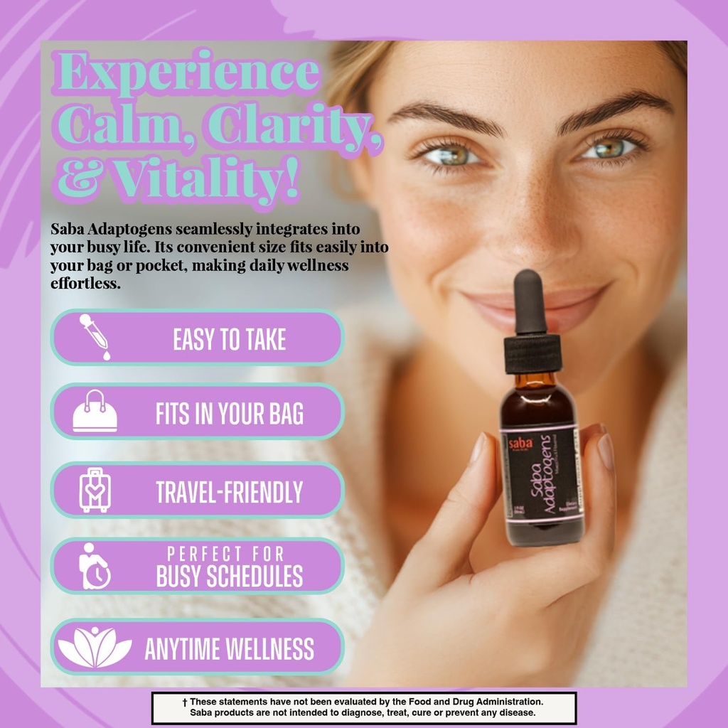 Saba Adaptogens - Super Concentrated - Eleuthero, Ginger, Rhodiola, Ginseng, Mushroom, Ginko, Acai - Supports Immune Response, Mood, Mental Performance & Fatigue -30 Servings 6