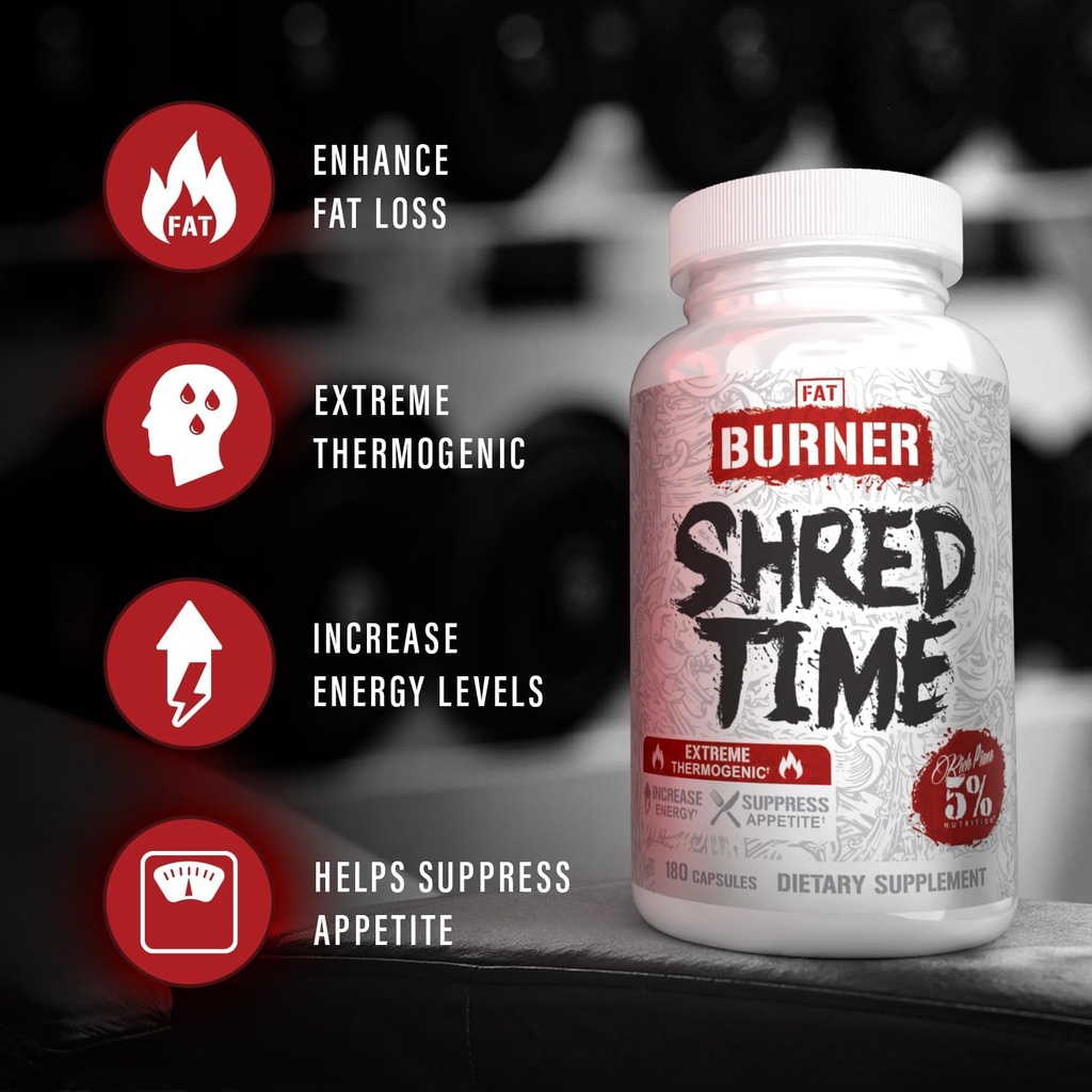 5% Nutrition Shred Time Fat Burner | Green Tea, Coffee Bean, Cayenne, Theobromine, GBB | Appetite Suppression | 30 Servings (180 Capsules) 4