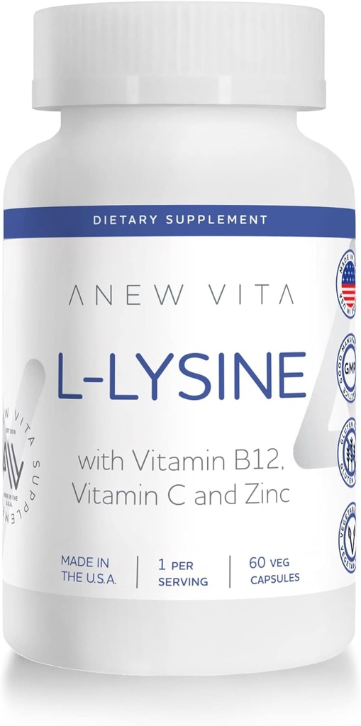L-Lysine Supplement with Vitamin B12 + C + Zinc for Lip, Mouth, and Oral Tissue Health - Enhanced Wellness Support - Non-GMO, Gluten-Free - Made in USA - 60 Vegetable Capsules, 500mg 2
