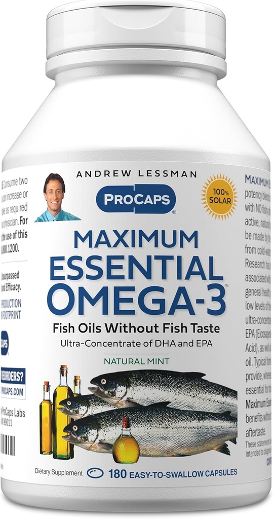 ANDREW LESSMAN Maximum Essential Omega-3 Mint - 180 Softgels - Ultra-Pure, High Potency Omega-3 Oils. High DHA, No Stomach Upset, No Contaminants, No Mercury. Small Easy to Swallow Softgels 2